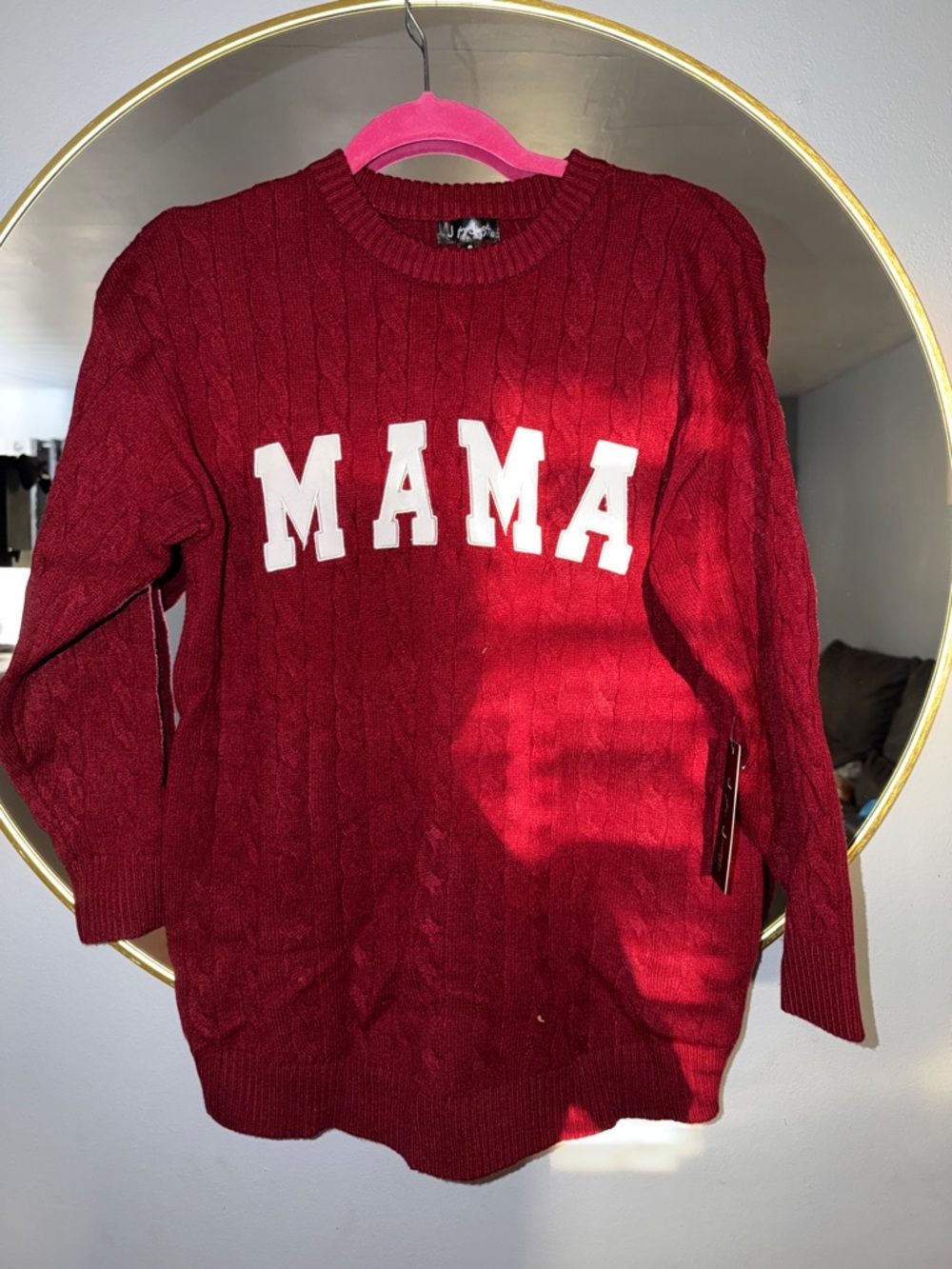 J for Justify Deep Red 'MAMA' Cable-Knit Crewneck Sweater
